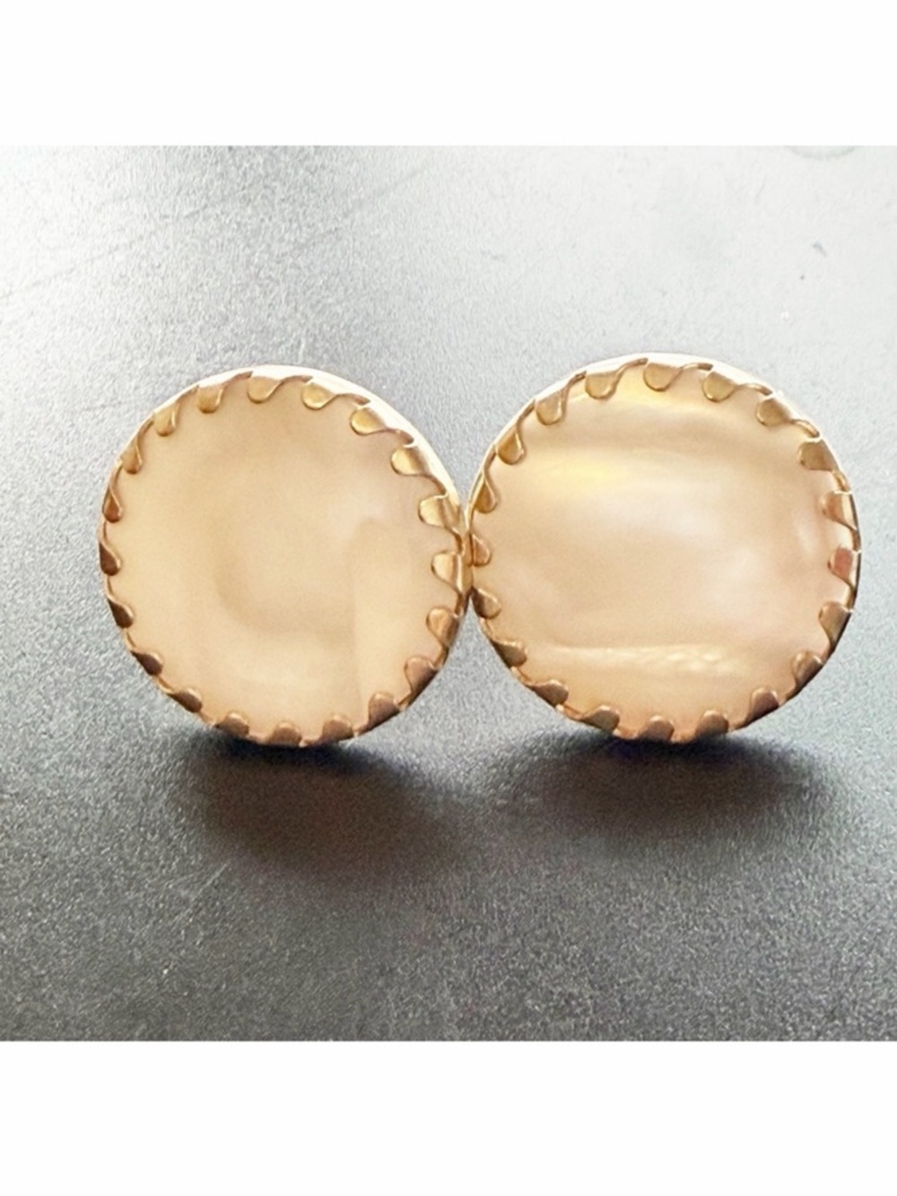 Vintage Pearl Cream Faux Moonstone Cabochon Cuff Link Set Gold Crimped Edges